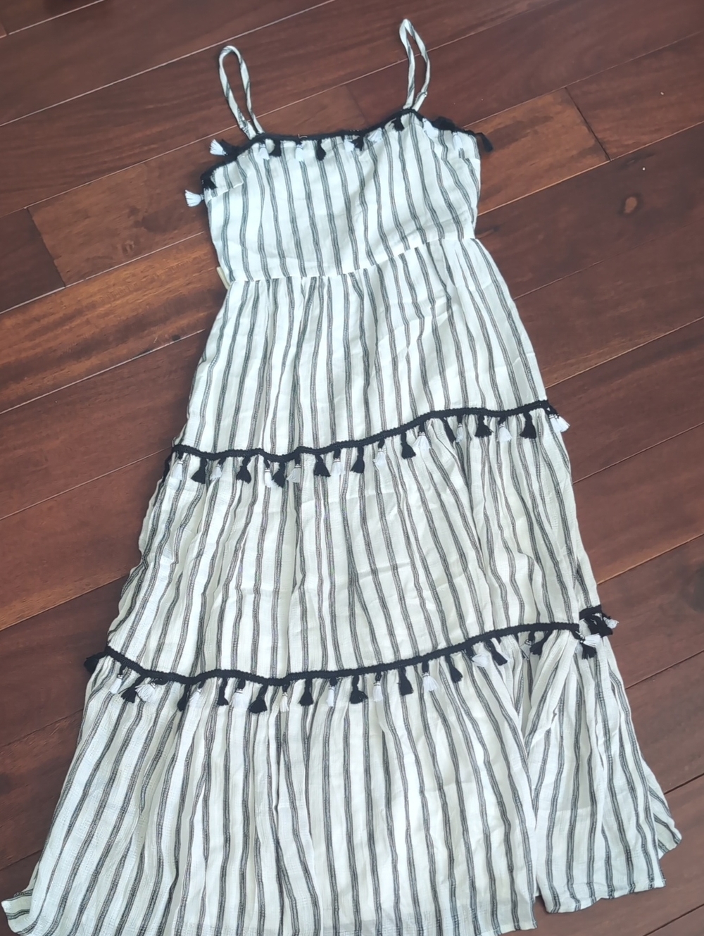 Vici White & Black Striped Tassel Tiered Maxi Dress
